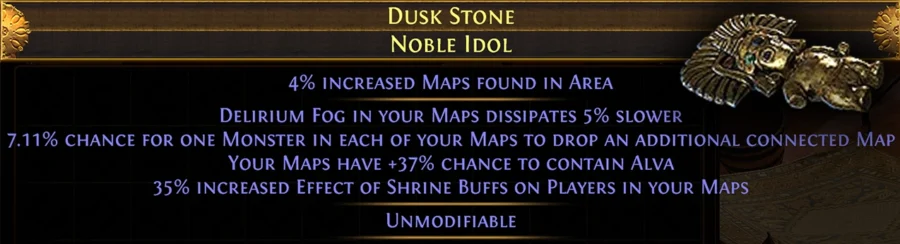 An Idol with bonuses to map drops in Path of Exile's Legacy of Phrecia event.