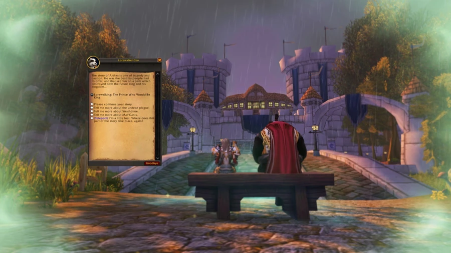 Human female in armor sitting next to a pandaren on a bench looking there is a UI showing story prompts