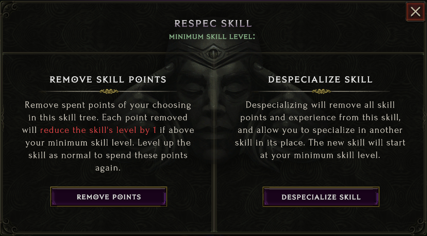 Select Respec or Despecialize