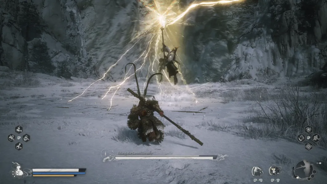 Erlang channels thunder into his spear.