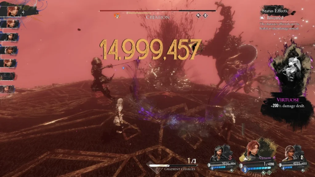 Maelle using Burning Canvas as part of the burn stack build to deal 15,000,000 damage with a single hit against a late game boss.